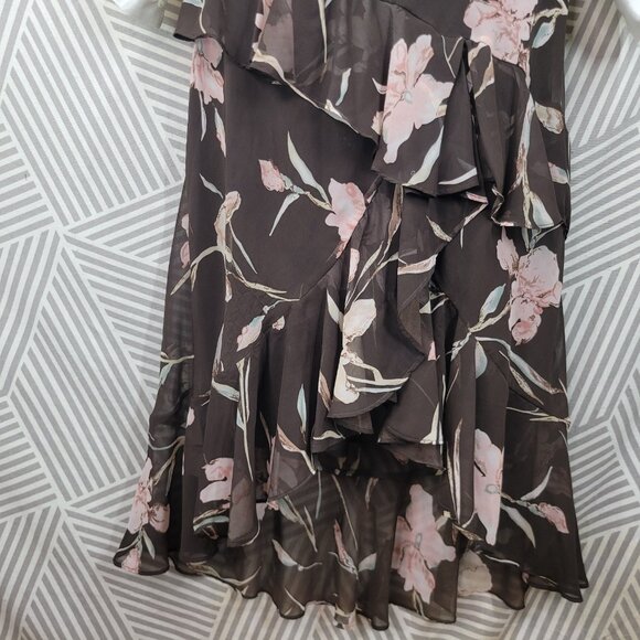 Chaps Floral Skirt Large Ruffle Ralph Lauren Romantic Brown Pink Elastic Waist - Picture 5 of 8